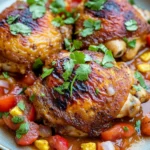 Skillet chicken in tomato chipotle sauce - the image shows a plate of grilled chicken with a tomato-based sauce. the chicken is golden brown and appears to be seasoned with herbs and spices. the sauce is a rich orange color and is drizzled over the chicken. the dish is garnished with fresh cilantro leaves. there are also diced tomatoes, corn kernels, and onions scattered throughout the dish. the plate is white and is sitting on a wooden table.