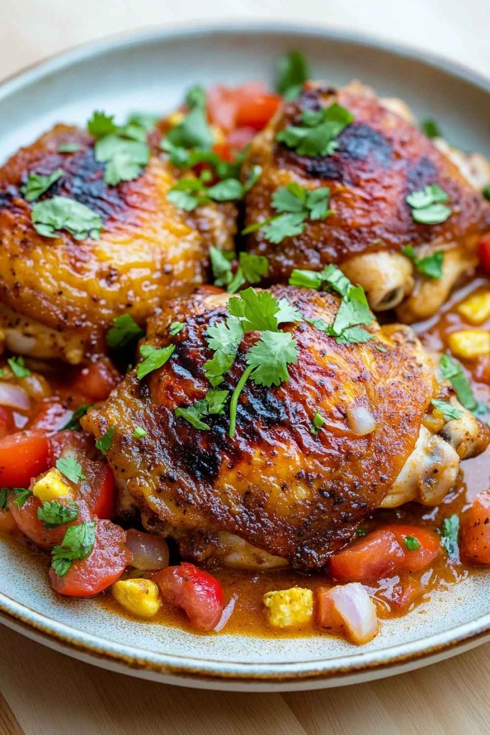Skillet chicken in tomato chipotle sauce - the image shows a plate of grilled chicken with a tomato-based sauce. the chicken is golden brown and appears to be seasoned with herbs and spices. the sauce is a rich orange color and is drizzled over the chicken. the dish is garnished with fresh cilantro leaves. there are also diced tomatoes, corn kernels, and onions scattered throughout the dish. the plate is white and is sitting on a wooden table.