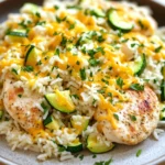 Skillet chicken zucchini and cheesy rice - the image shows a plate of food with a serving of rice and chicken. the rice is white and fluffy, and the chicken is cooked to a golden brown color. the dish is garnished with sliced zucchini and chopped parsley. the chicken appears to be seasoned with herbs and spices, and there is a layer of melted cheese on top. the plate is brown and has a textured surface. the background is blurred, but it seems to be a kitchen countertop.