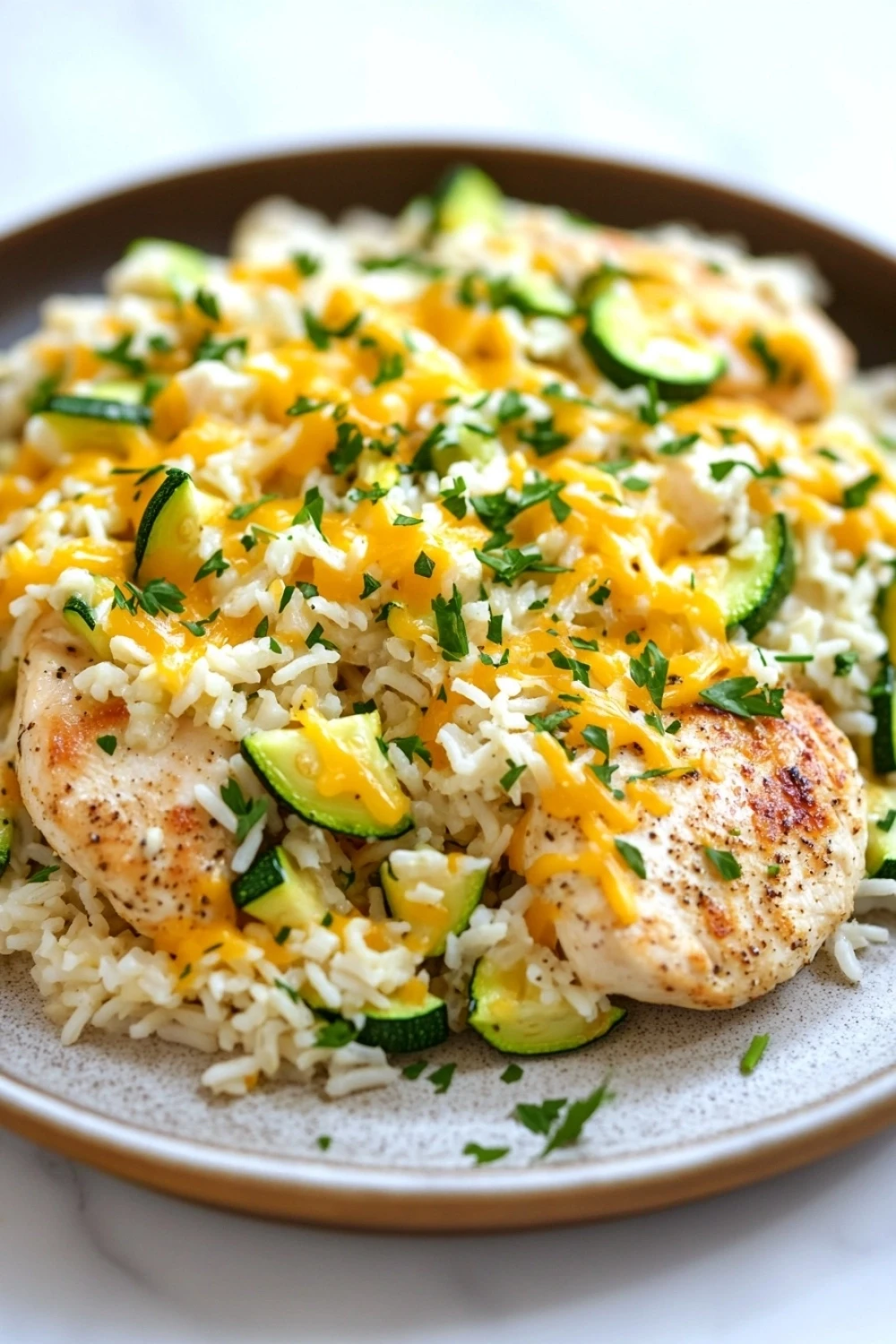 Skillet chicken zucchini and cheesy rice - the image shows a plate of food with a serving of rice and chicken. the rice is white and fluffy, and the chicken is cooked to a golden brown color. the dish is garnished with sliced zucchini and chopped parsley. the chicken appears to be seasoned with herbs and spices, and there is a layer of melted cheese on top. the plate is brown and has a textured surface. the background is blurred, but it seems to be a kitchen countertop.
