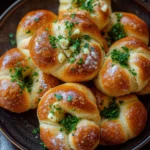 Skillet garlic knots - the image shows a plate of freshly baked bread rolls on a wooden table. the bread rolls are golden brown in color and have a soft, fluffy texture. they are arranged in a circular pattern on the plate, with some overlapping each other. each roll is topped with a generous amount of chopped parsley, which adds a pop of green color to the dish. the plate is dark brown and has a textured surface. in the background, there is another plate with more bread rolls and a white cloth napkin.