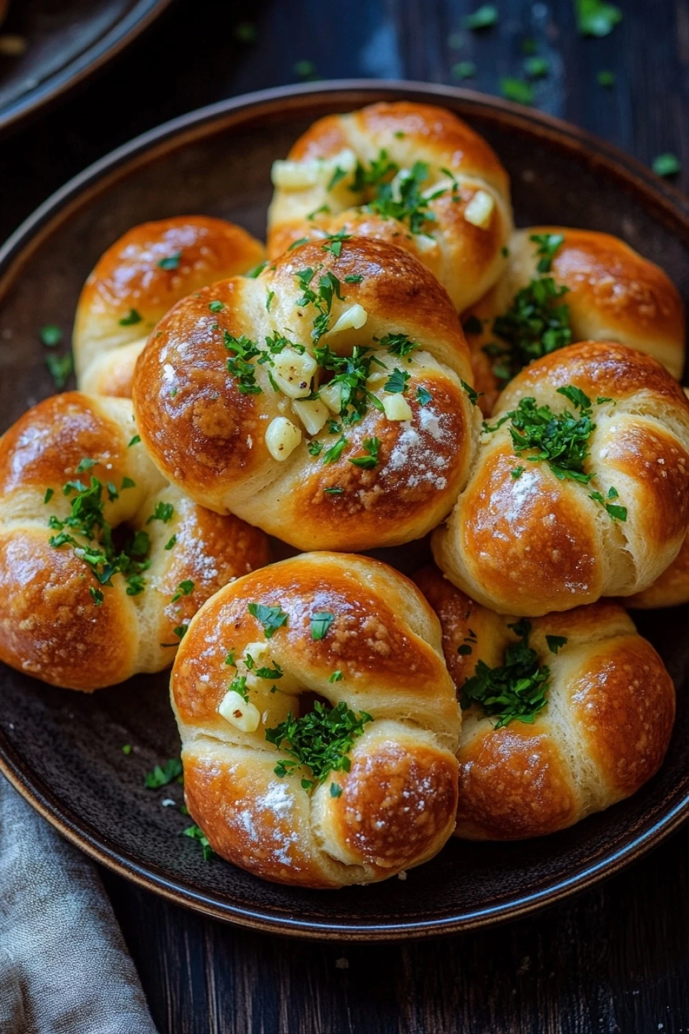 Skillet garlic knots - the image shows a plate of freshly baked bread rolls on a wooden table. the bread rolls are golden brown in color and have a soft, fluffy texture. they are arranged in a circular pattern on the plate, with some overlapping each other. each roll is topped with a generous amount of chopped parsley, which adds a pop of green color to the dish. the plate is dark brown and has a textured surface. in the background, there is another plate with more bread rolls and a white cloth napkin.