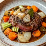 Slow cooker beef tongue - the image is a close-up of a dish in a bowl. the dish appears to be a beef stew with chunks of beef, carrots, celery, onions, and other vegetables. the beef is cooked medium-rare and has a dark brown color. the vegetables are arranged in a colorful and appetizing manner, with some of them overlapping each other. there are also small black peppercorns scattered throughout the dish, adding a pop of color to the dish. the bowl is sitting on a wooden table, and the background is blurred, making the dish the focal point of the image.