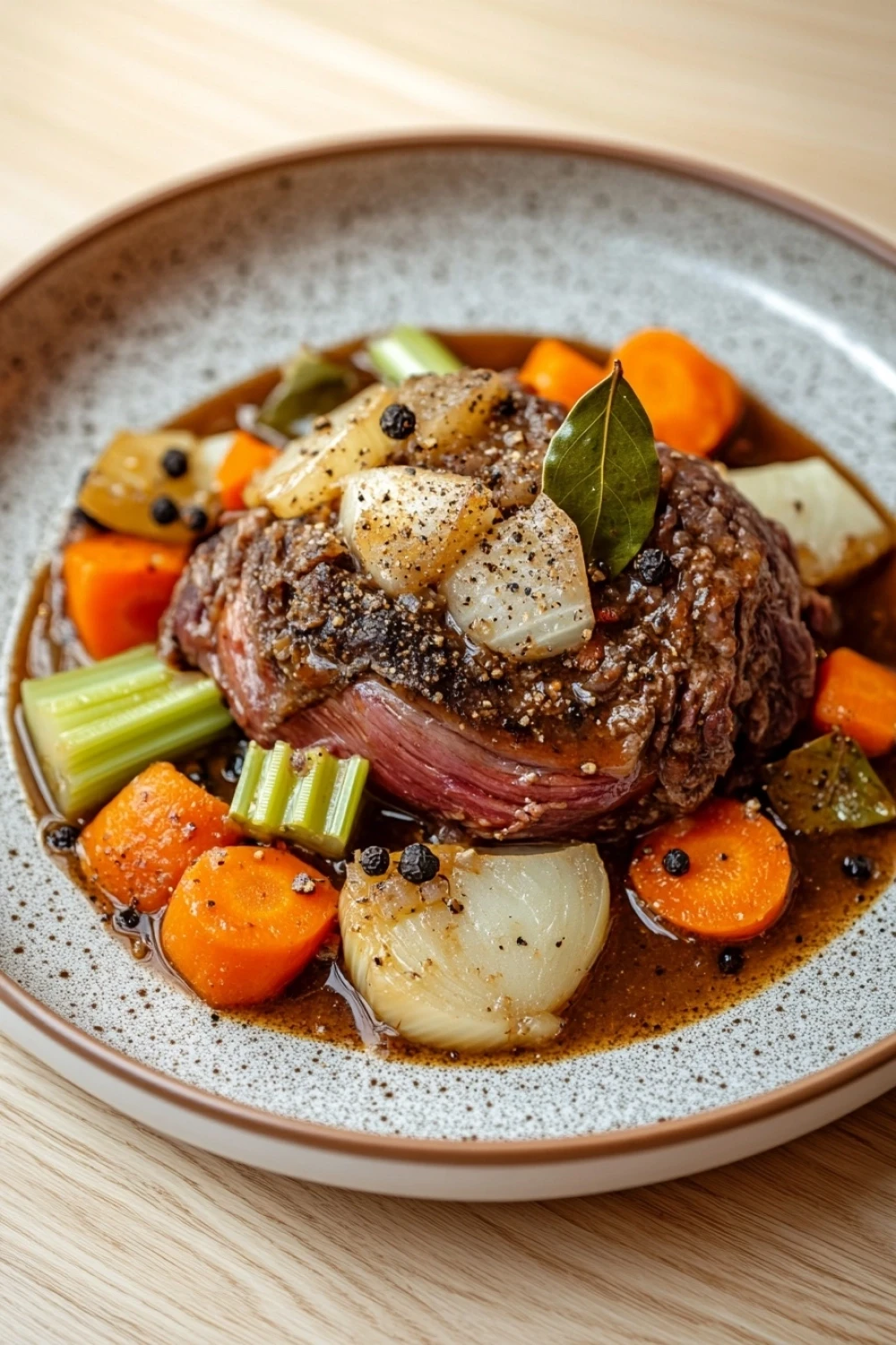 Slow cooker beef tongue - the image is a close-up of a dish in a bowl. the dish appears to be a beef stew with chunks of beef, carrots, celery, onions, and other vegetables. the beef is cooked medium-rare and has a dark brown color. the vegetables are arranged in a colorful and appetizing manner, with some of them overlapping each other. there are also small black peppercorns scattered throughout the dish, adding a pop of color to the dish. the bowl is sitting on a wooden table, and the background is blurred, making the dish the focal point of the image.