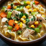 Slow cooker chicken corn noodle soup - the image is a close-up of a bowl of soup. the soup appears to be a chicken noodle soup with chunks of chicken, corn, carrots, celery, and green onions mixed in. the bowl is made of ceramic and has a brown rim. the broth is a light yellow color and looks thick and creamy. there are also chunks of green herbs scattered throughout the soup, adding a pop of color to the dish. the background is dark, making the soup stand out.