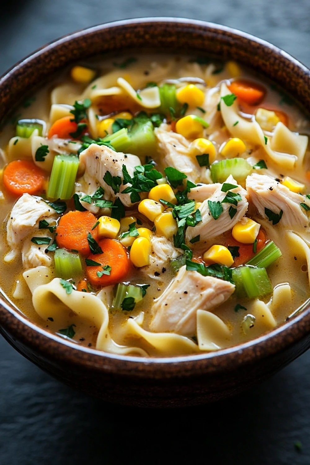 Slow cooker chicken corn noodle soup - the image is a close-up of a bowl of soup. the soup appears to be a chicken noodle soup with chunks of chicken, corn, carrots, celery, and green onions mixed in. the bowl is made of ceramic and has a brown rim. the broth is a light yellow color and looks thick and creamy. there are also chunks of green herbs scattered throughout the soup, adding a pop of color to the dish. the background is dark, making the soup stand out.