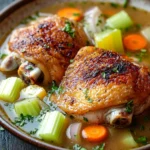 Slow cooker chicken in broth - the image shows a bowl of soup with two whole chicken breasts in it. the chicken is golden brown and appears to be seasoned with herbs and spices. the soup is a creamy yellow color and is garnished with chopped celery, carrots, and onions. the bowl is sitting on a dark wooden table with a white cloth napkin on the side. the background is blurred, but it seems to be a rustic kitchen countertop.