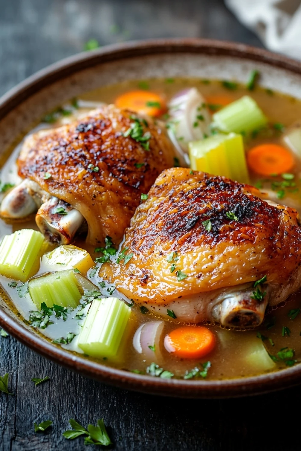 Slow cooker chicken in broth - the image shows a bowl of soup with two whole chicken breasts in it. the chicken is golden brown and appears to be seasoned with herbs and spices. the soup is a creamy yellow color and is garnished with chopped celery, carrots, and onions. the bowl is sitting on a dark wooden table with a white cloth napkin on the side. the background is blurred, but it seems to be a rustic kitchen countertop.