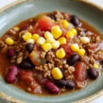 Slow cooker chili with corn - the image is a close-up of a bowl of chili. the bowl is made of ceramic and has a light blue rim. the chili is a rich, dark brown color and appears to be made with ground beef, black beans, corn kernels, and diced tomatoes. the beans are red and appear to be kidney beans. the corn kernels are yellow and are scattered throughout the chili, adding a pop of color to the dish. there is also a small amount of tomato sauce on top of the chili.