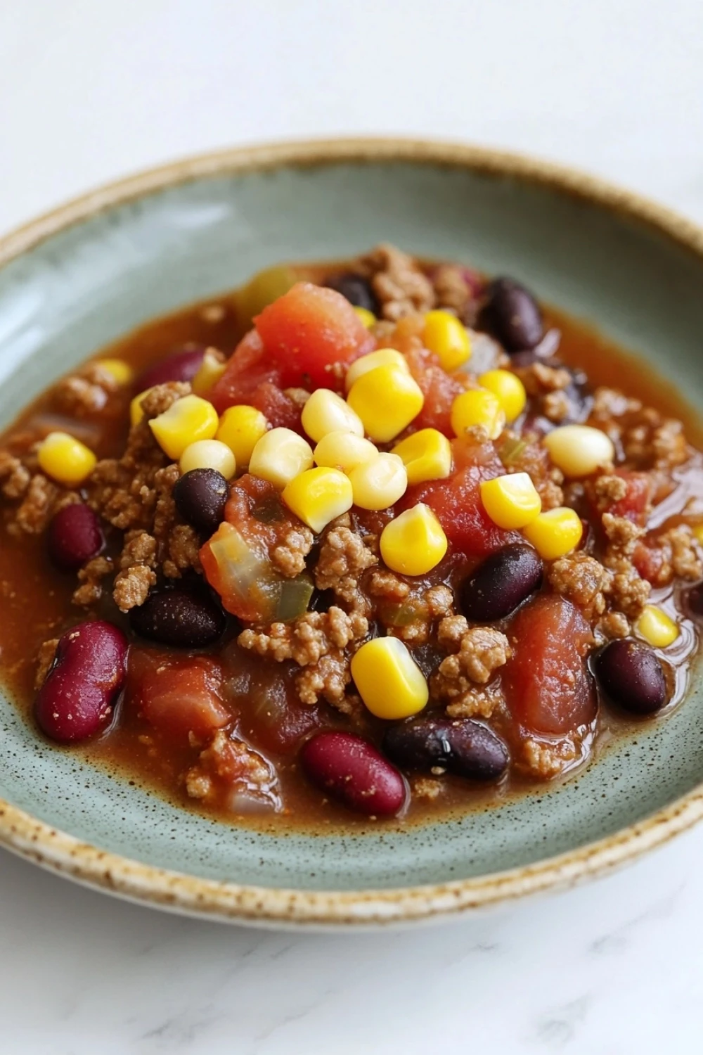Slow cooker chili with corn - the image is a close-up of a bowl of chili. the bowl is made of ceramic and has a light blue rim. the chili is a rich, dark brown color and appears to be made with ground beef, black beans, corn kernels, and diced tomatoes. the beans are red and appear to be kidney beans. the corn kernels are yellow and are scattered throughout the chili, adding a pop of color to the dish. there is also a small amount of tomato sauce on top of the chili.