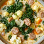 Slow cooker low carb zuppa toscana soup - the image is a close-up of a bowl of soup. the soup appears to be a creamy orange color and is filled with chunks of sausage, cauliflower, and kale. the sausage is cut into small cubes and is arranged in a circular pattern on top of the kale. there are also some sliced onions scattered throughout the soup, adding a pop of color to the dish. the bowl is made of ceramic and has a brown rim. the background is a light beige color, making the soup stand out.