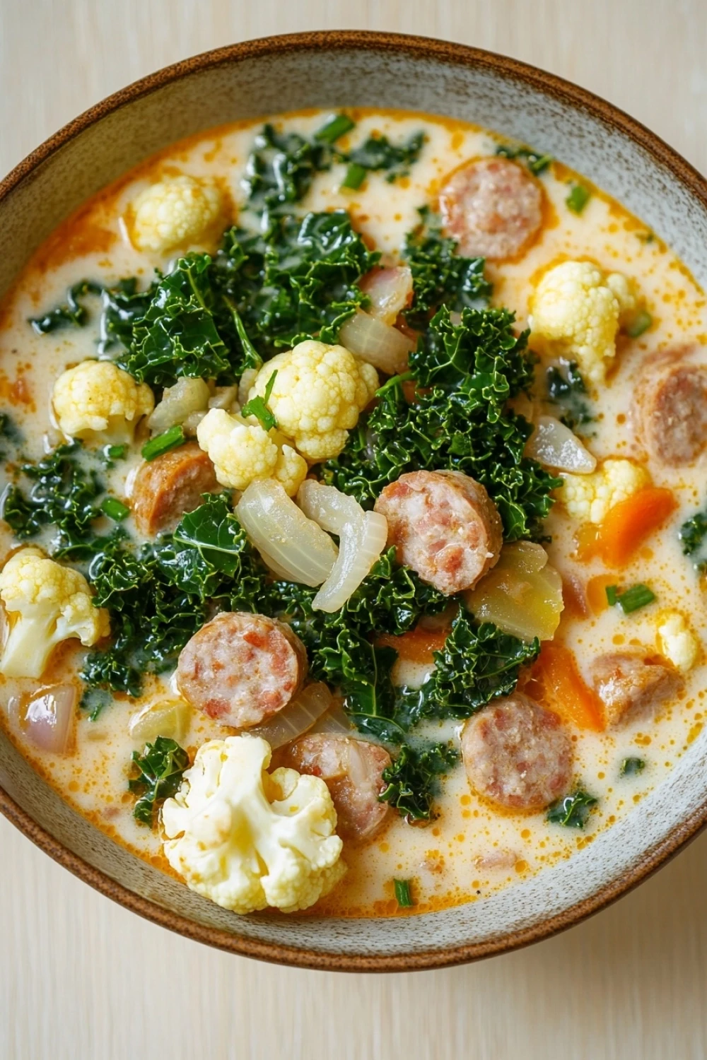 Slow cooker low carb zuppa toscana soup - the image is a close-up of a bowl of soup. the soup appears to be a creamy orange color and is filled with chunks of sausage, cauliflower, and kale. the sausage is cut into small cubes and is arranged in a circular pattern on top of the kale. there are also some sliced onions scattered throughout the soup, adding a pop of color to the dish. the bowl is made of ceramic and has a brown rim. the background is a light beige color, making the soup stand out.