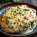 Spinach artichoke chicken casserole keto and low carb - the image shows a plate of food on a wooden table. the dish appears to be a casserole or lasagna, with a layer of melted cheese on top. the cheese is golden brown and bubbly, and there are small pieces of artichokes scattered throughout the dish. the plate is brown and has a textured surface. in the background, there is a bunch of fresh basil leaves, adding a pop of green color to the image.