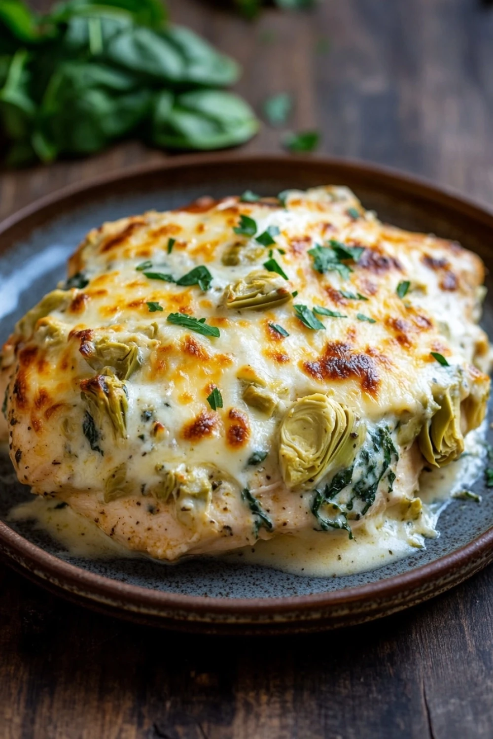 Spinach artichoke chicken casserole keto and low carb - the image shows a plate of food on a wooden table. the dish appears to be a casserole or lasagna, with a layer of melted cheese on top. the cheese is golden brown and bubbly, and there are small pieces of artichokes scattered throughout the dish. the plate is brown and has a textured surface. in the background, there is a bunch of fresh basil leaves, adding a pop of green color to the image.