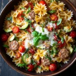 Summer bow tie pasta and chicken sausage skillet bake - the image is a close-up of a bowl of pasta salad. the bowl is made of dark brown ceramic and is placed on a wooden table. the pasta salad is made up of fusilli, cherry tomatoes, zucchini, and sausage, and is topped with a dollop of parmesan cheese. there are also some fresh basil leaves scattered around the bowl. the colors of the ingredients are vibrant and the dish looks fresh and appetizing.