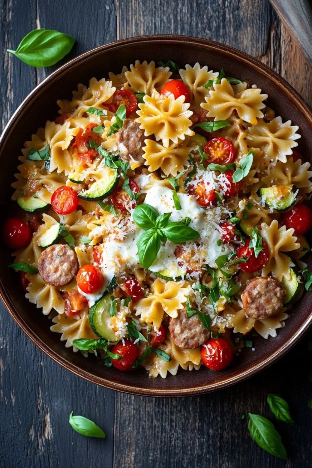 Summer bow tie pasta and chicken sausage skillet bake - the image is a close-up of a bowl of pasta salad. the bowl is made of dark brown ceramic and is placed on a wooden table. the pasta salad is made up of fusilli, cherry tomatoes, zucchini, and sausage, and is topped with a dollop of parmesan cheese. there are also some fresh basil leaves scattered around the bowl. the colors of the ingredients are vibrant and the dish looks fresh and appetizing.