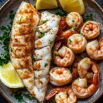 Tilapia and shrimp air fryer - the image shows a plate of grilled fish and shrimp. the fish is golden brown and appears to be seasoned with herbs and spices. the shrimp are cooked to a medium-rare and are arranged in a circular pattern on the plate. there are two lemon wedges on either side of the plate, and a sprig of parsley on the side. the plate is sitting on a dark grey textured surface.