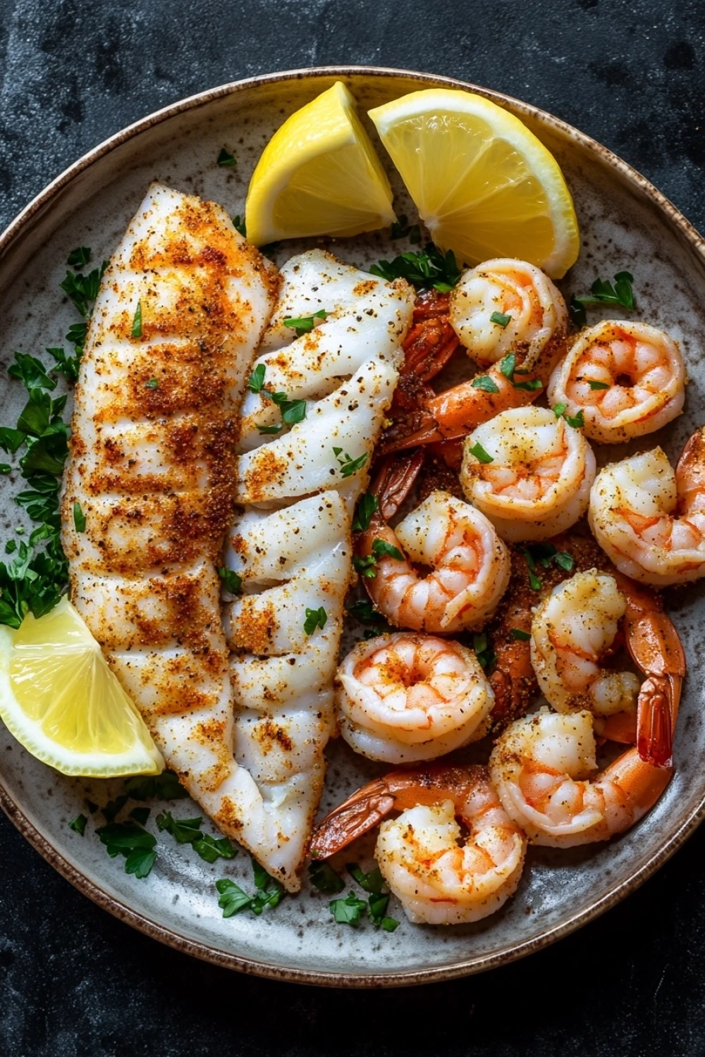Tilapia and shrimp air fryer - the image shows a plate of grilled fish and shrimp. the fish is golden brown and appears to be seasoned with herbs and spices. the shrimp are cooked to a medium-rare and are arranged in a circular pattern on the plate. there are two lemon wedges on either side of the plate, and a sprig of parsley on the side. the plate is sitting on a dark grey textured surface.