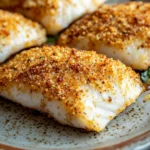 Tilapia parmesan crusted air fryer - the image shows a plate of four pieces of fish fillets on a wooden table. the fillets are golden brown and appear to be seasoned with herbs and spices. the plate is round and has a speckled pattern around the edges. the background is blurred, but it appears to be a rustic kitchen countertop.
