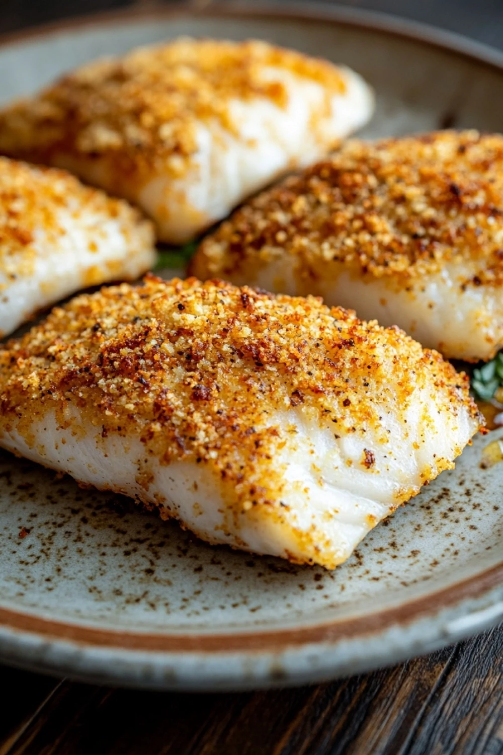 Tilapia parmesan crusted air fryer - the image shows a plate of four pieces of fish fillets on a wooden table. the fillets are golden brown and appear to be seasoned with herbs and spices. the plate is round and has a speckled pattern around the edges. the background is blurred, but it appears to be a rustic kitchen countertop.