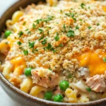 Tuna casserole without soup - the image is a close-up of a bowl of macaroni and cheese. the bowl is made of ceramic and has a dark brown color. the top of the dish is covered in a layer of breadcrumbs, which are sprinkled with chopped parsley. the cheese is melted and bubbly, and there are chunks of salmon and peas scattered throughout the dish. the dish appears to be freshly cooked and ready to eat.