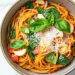Ultimate one pot pasta - the image is a close-up of a bowl of spaghetti dish. the spaghetti is cooked al dente and is topped with tomato sauce, sliced tomatoes, and fresh basil leaves. the dish is garnished with grated parmesan cheese. the bowl is made of ceramic and is sitting on a white marble countertop. the overall color scheme of the dish is warm and inviting.