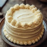 Vanilla cake birthday - the image is of a round cake on a wooden table. the cake is covered in white frosting with a swirl pattern on top. the frosting appears to be smooth and creamy, and the swirls are evenly spaced along the edges of the cake. the plate it is on is brown and has a textured surface. in the background, there are a few kitchen utensils and a jar of cream. the overall mood of the image is rustic and cozy.