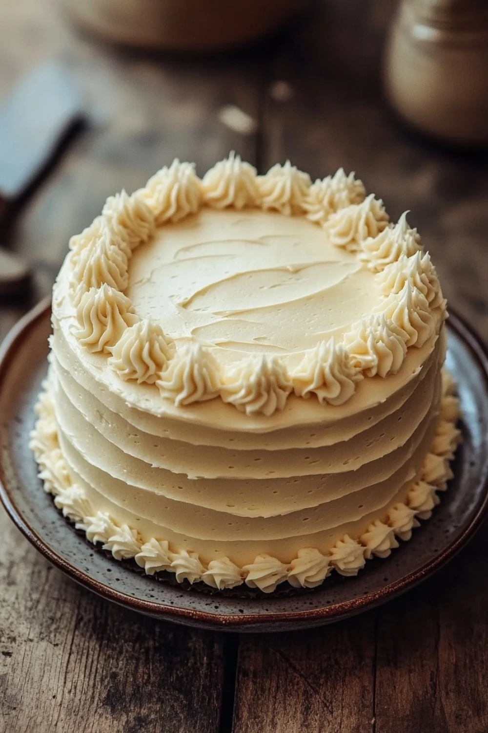 Vanilla cake birthday - the image is of a round cake on a wooden table. the cake is covered in white frosting with a swirl pattern on top. the frosting appears to be smooth and creamy, and the swirls are evenly spaced along the edges of the cake. the plate it is on is brown and has a textured surface. in the background, there are a few kitchen utensils and a jar of cream. the overall mood of the image is rustic and cozy.