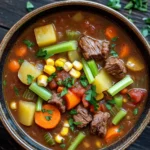 Vegetable beef soup slow cooker - the image is a close-up of a bowl of soup on a wooden table. the soup appears to be a beef stew with chunks of beef, corn, carrots, celery, and other vegetables mixed in. the bowl is made of ceramic and has a dark brown color. there are a few sprigs of parsley scattered around the bowl, adding a pop of green color to the dish. the background is dark, making the colors of the soup stand out.