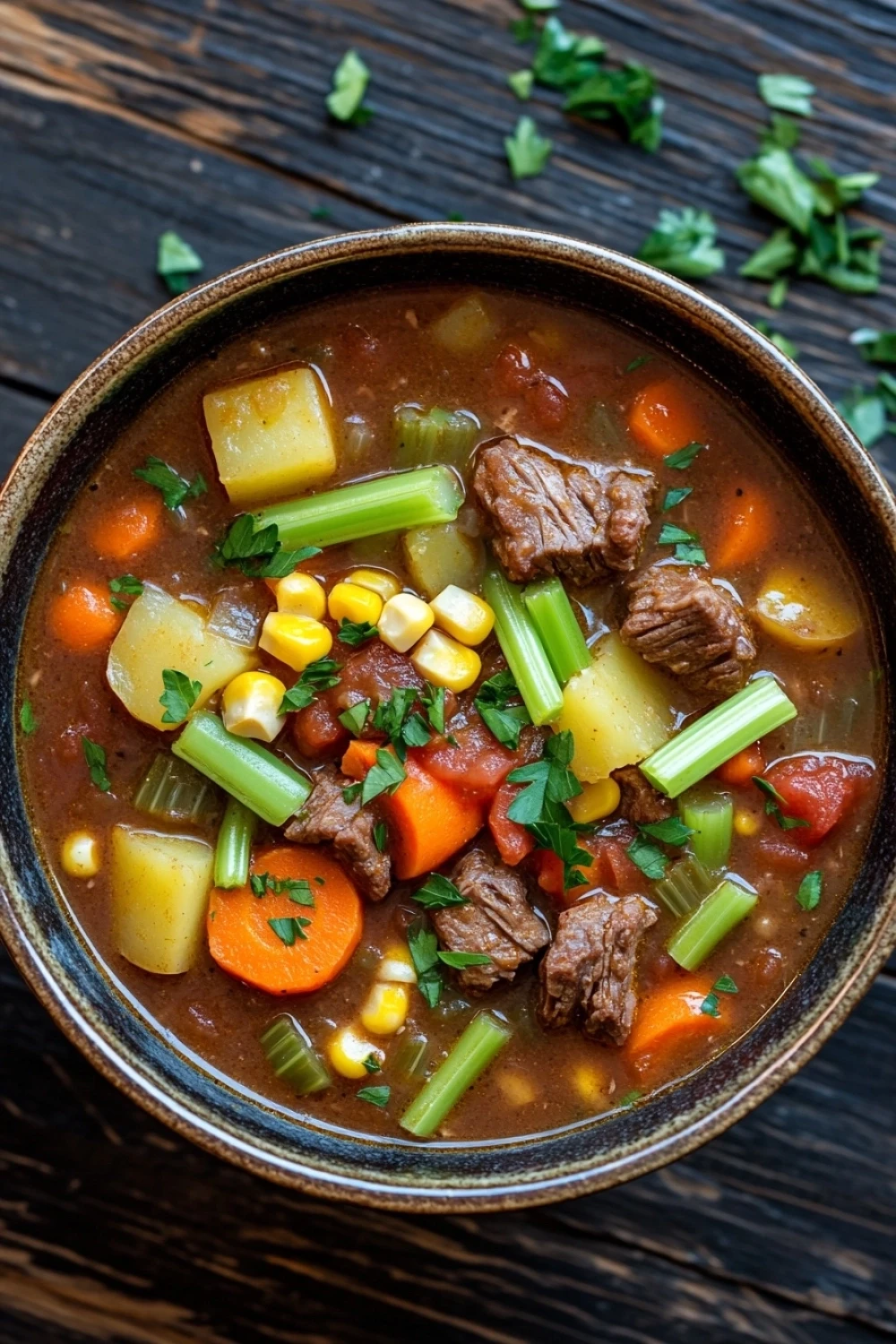 Vegetable beef soup slow cooker - the image is a close-up of a bowl of soup on a wooden table. the soup appears to be a beef stew with chunks of beef, corn, carrots, celery, and other vegetables mixed in. the bowl is made of ceramic and has a dark brown color. there are a few sprigs of parsley scattered around the bowl, adding a pop of green color to the dish. the background is dark, making the colors of the soup stand out.