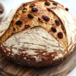 Yeast bread with inclusions - the image shows a round loaf of bread on a wooden cutting board. the bread appears to be freshly baked and has a golden brown crust on top. it is topped with sliced raisins and pecans, giving it a crunchy texture. the cutting board is placed on a white marble countertop, and there is a small bowl of nuts in the background. the overall aesthetic of the image is rustic and homey.