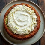 Zucchini banana cake with whipped cream cheese frosting - the image is a close-up of a round cake on a white plate. the cake appears to be a bundt cake with a golden brown crust and a creamy white frosting on top. the frosting is spread evenly over the top of the cake, creating a swirl pattern. the plate is placed on a wooden table with a rustic background. the overall mood of the image is warm and inviting.