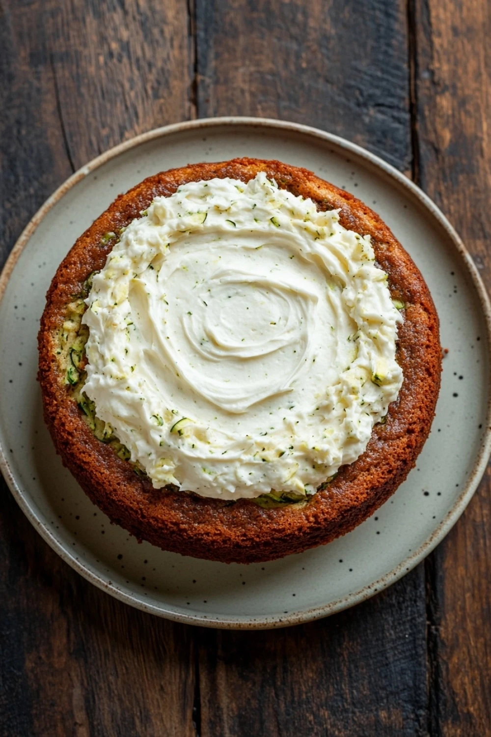 Zucchini banana cake with whipped cream cheese frosting - the image is a close-up of a round cake on a white plate. the cake appears to be a bundt cake with a golden brown crust and a creamy white frosting on top. the frosting is spread evenly over the top of the cake, creating a swirl pattern. the plate is placed on a wooden table with a rustic background. the overall mood of the image is warm and inviting.