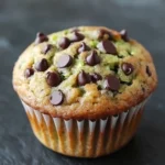 Zucchini banana chocolate chip muffin - the image is of a freshly baked muffin on a black slate surface. the muffin is golden brown in color and has a crumbly texture. it is topped with chocolate chips scattered across the top, giving it a crunchy appearance. the chocolate chips are dark brown and appear to be freshly baked. the background is blurred, making the muffin the focal point of the image.